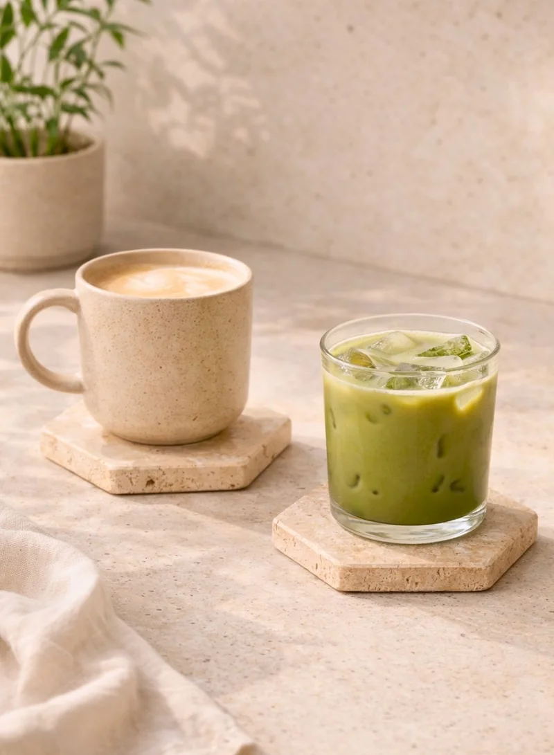 1 تشيس مجموعة قواعد أكواب من حجر الترافرتين، 4 قطع، قواعد أكواب سداسية الشكل من الرخام الطبيعي، قواعد أكواب حجرية ماصة لطاولة القهوة، طاولة الطعام، وديكور المنزل